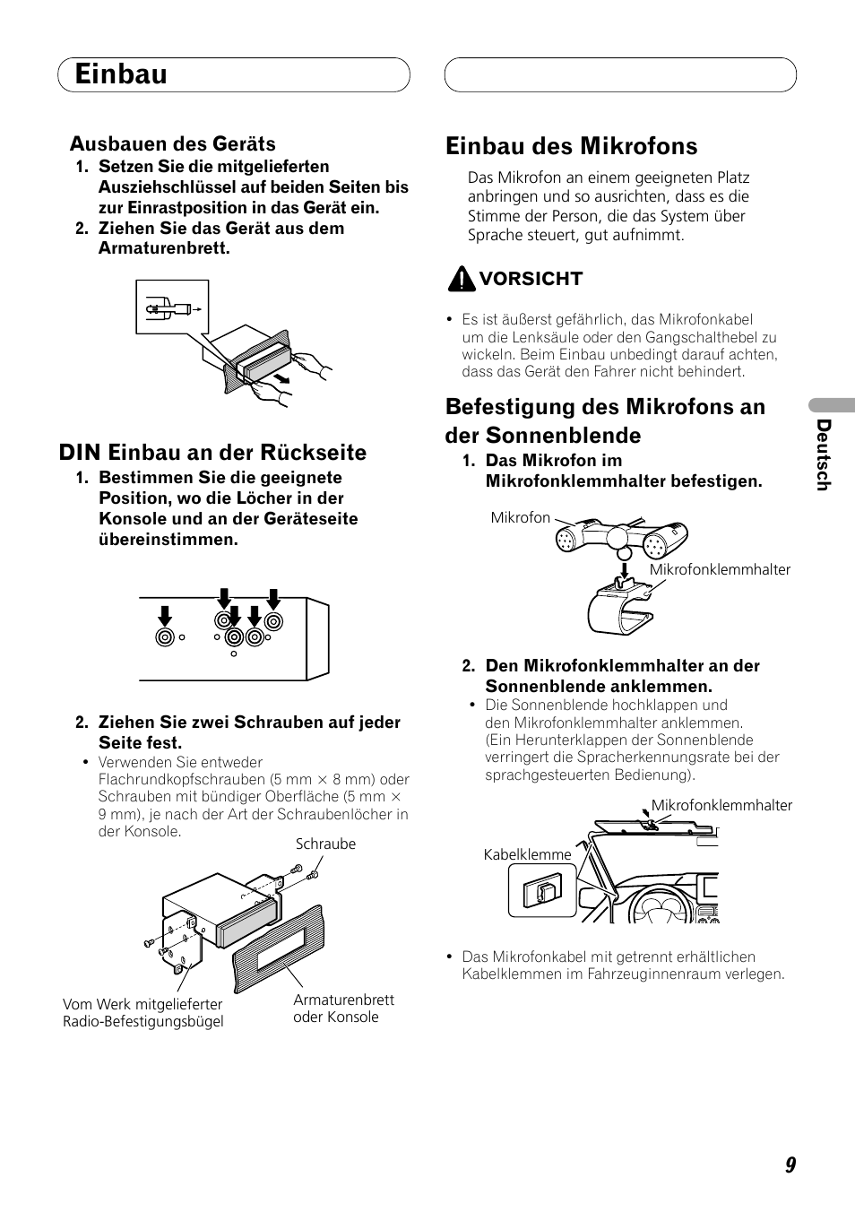 Din einbau an der rückseite, Einbau des mikrofons, Befestigung des mikrofons an der | Sonnenblende, Einbau, Befestigung des mikrofons an der sonnenblende | Pioneer DEH-P8100BT User Manual | Page 29 / 72