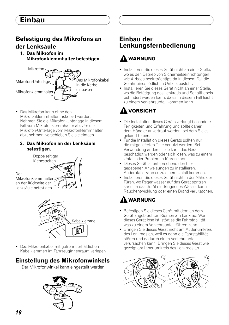 Einbau der lenkungsfernbedienung, Einbau, Befestigung des mikrofons an der lenksäule | Einstellung des mikrofonwinkels | Pioneer DEH-P8100BT User Manual | Page 30 / 72