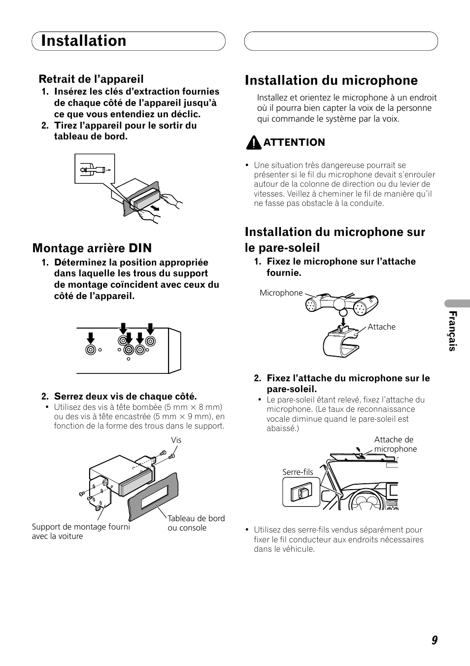 Montage arrière din, Installation du microphone, Installation du microphone sur le pare-soleil | Installation | Pioneer DEH-P8100BT User Manual | Page 39 / 72