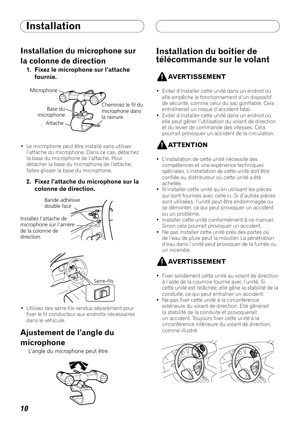 Installation du microphone sur la colonne de, Direction, Ajustement de l’angle du microphone | Installation du boîtier de télécommande, Sur le volant, Installation | Pioneer DEH-P8100BT User Manual | Page 40 / 72