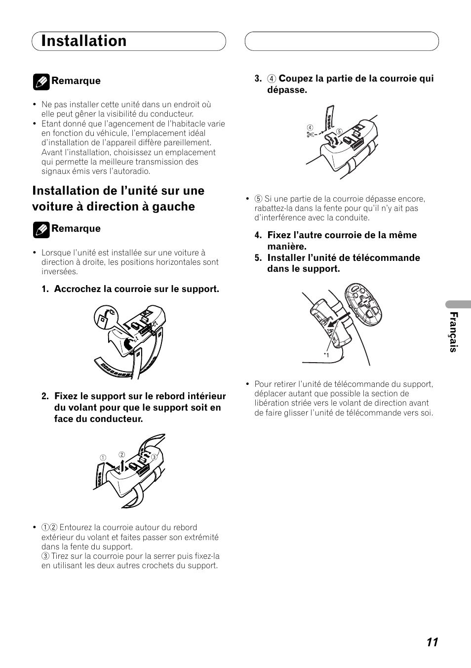Installation de l’unité sur une voiture, À direction à gauche, Installation | Pioneer DEH-P8100BT User Manual | Page 41 / 72