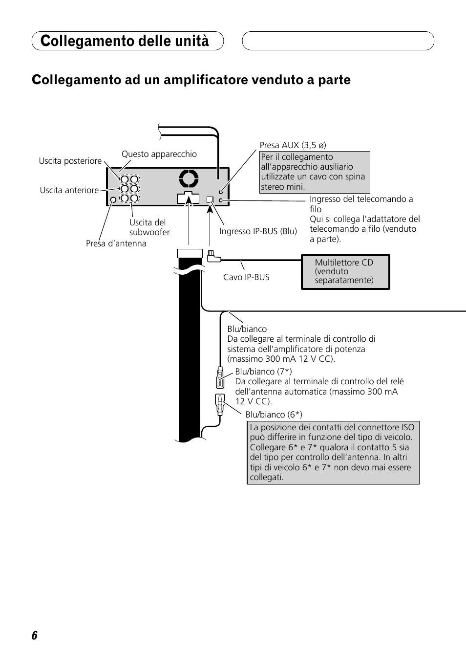 Collegamento ad un amplificatore venduto, A parte, Collegamento delle unità | Collegamento ad un amplificatore venduto a parte | Pioneer DEH-P8100BT User Manual | Page 46 / 72