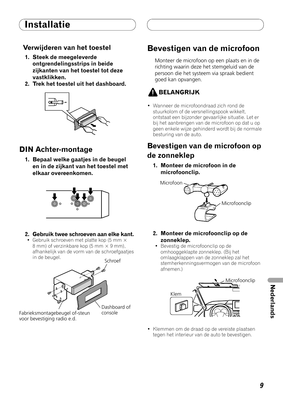 Din achter-montage, Bevestigen van de microfoon, Bevestigen van de microfoon op de zonneklep | Installatie | Pioneer DEH-P8100BT User Manual | Page 59 / 72