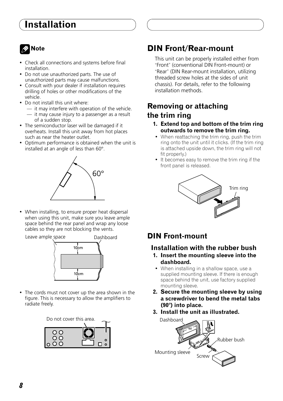 Installation, Din front/rear-mount, Removing or attaching the trim ring | Din front-mount, Installation with the rubber bush | Pioneer DEH-P8100BT User Manual | Page 8 / 72