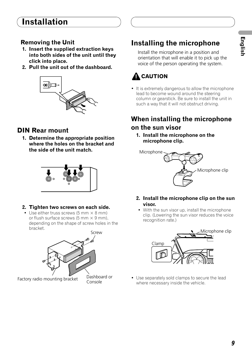 Din rear-mount, Installing the microphone, When installing the microphone on the sun visor | Installation, Din rear mount | Pioneer DEH-P8100BT User Manual | Page 9 / 72