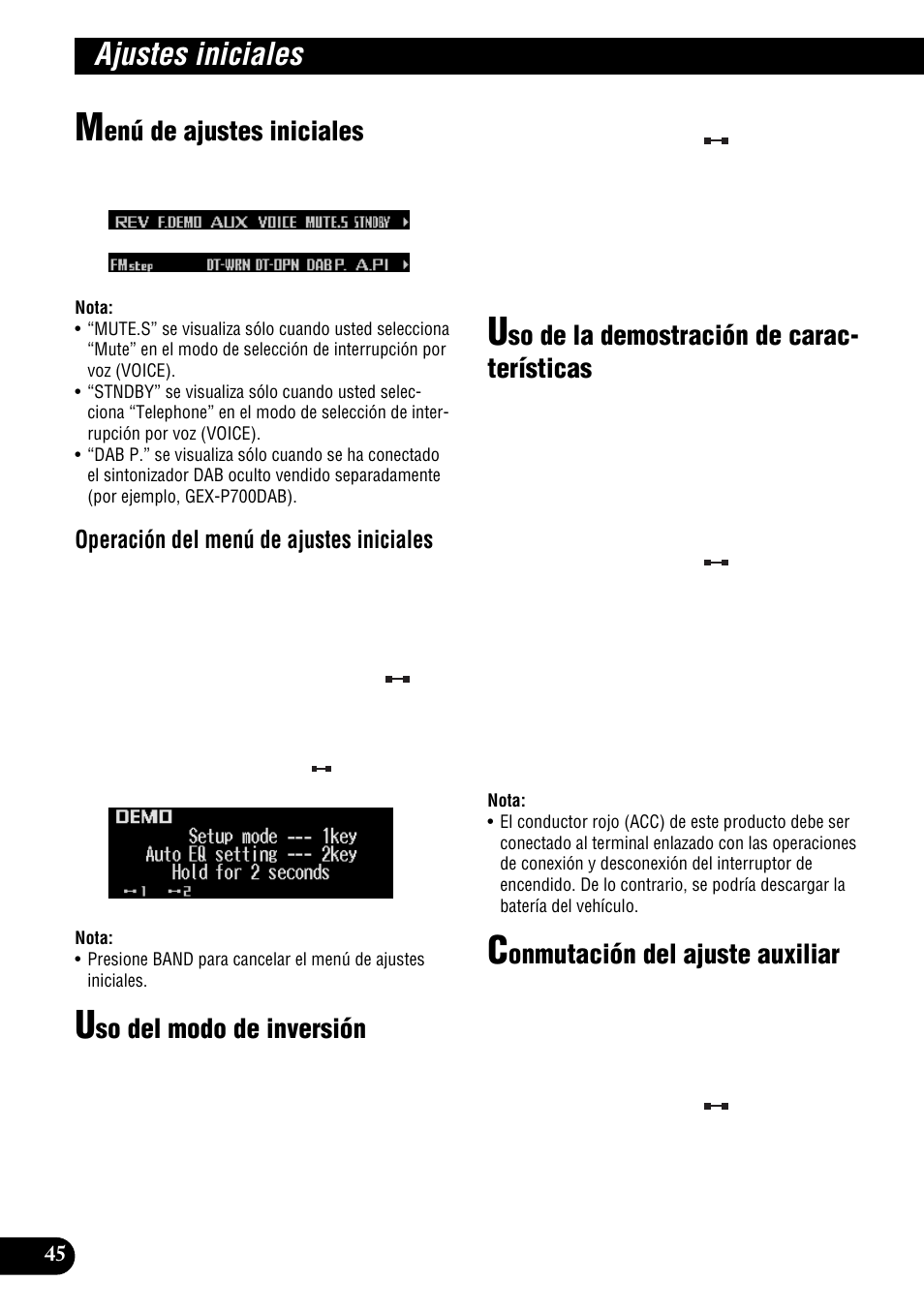 Ajustes iniciales, Del teléfono, Conmutación de ajuste del enmudecimiento | Atenuación del teléfono, Conmutación del ajuste de espera de, Teléfono, Ajuste del paso de sintonía de fm, Enú de ajustes iniciales, So del modo de inversión, So de la demostración de carac- terísticas | Pioneer DEH-P9300R User Manual | Page 100 / 112