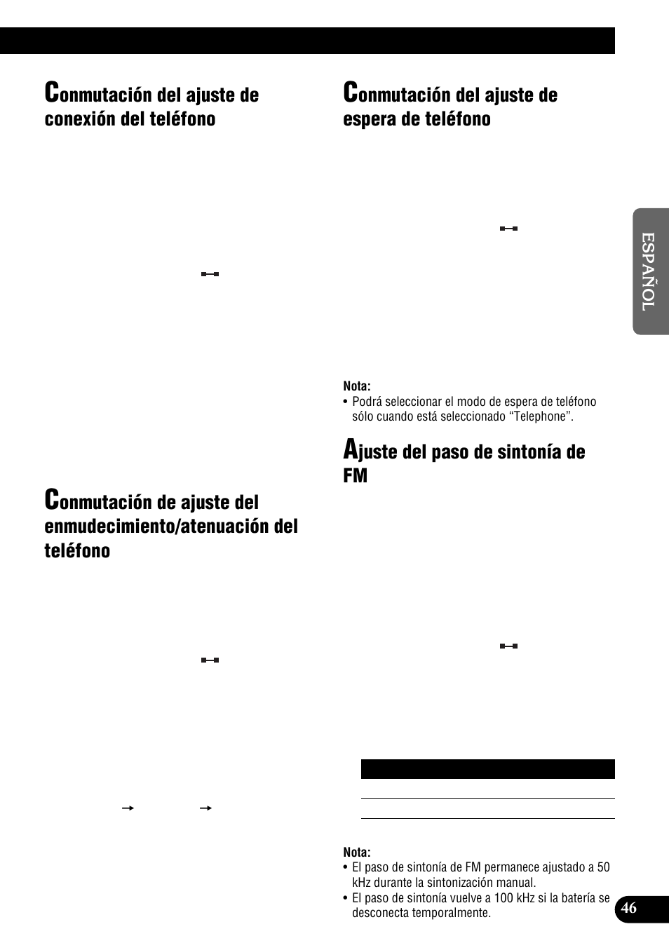 Onmutación del ajuste de conexión del teléfono, Onmutación del ajuste de espera de teléfono, Juste del paso de sintonía de fm | Pioneer DEH-P9300R User Manual | Page 101 / 112