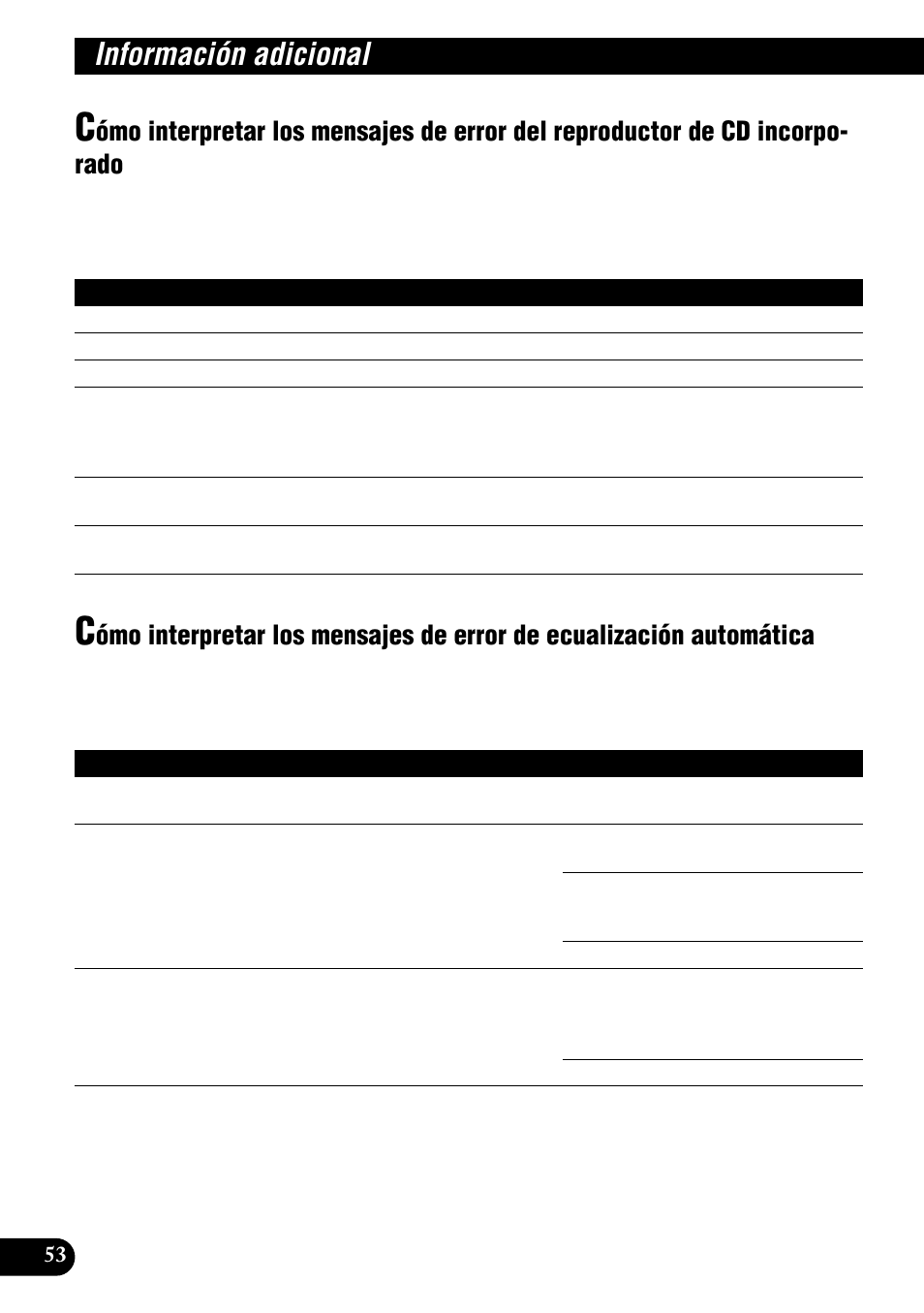 Cómo interpretar los mensajes de error, Del reproductor de cd incorporado, De ecualización automática | Especificaciones, Información adicional | Pioneer DEH-P9300R User Manual | Page 108 / 112