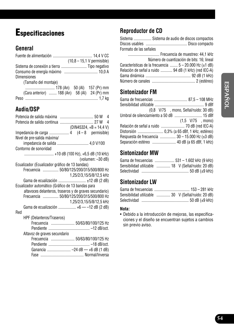 A title (english), Specificaciones, General | Audio/dsp, Reproductor de cd, Sintonizador fm, Sintonizador mw, Sintonizador lw | Pioneer DEH-P9300R User Manual | Page 109 / 112