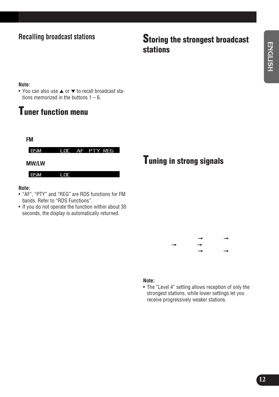 Uner function menu, Toring the strongest broadcast stations, Uning in strong signals | Recalling broadcast stations | Pioneer DEH-P9300R User Manual | Page 13 / 112