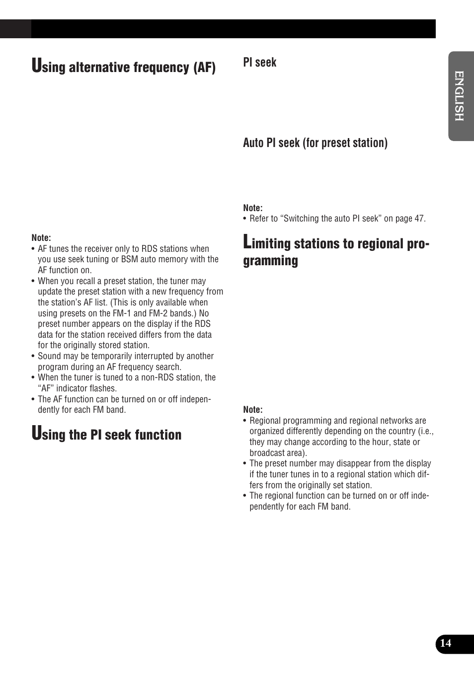 Sing alternative frequency (af), Sing the pi seek function, Imiting stations to regional pro- gramming | Pi seek, Auto pi seek (for preset station) | Pioneer DEH-P9300R User Manual | Page 15 / 112