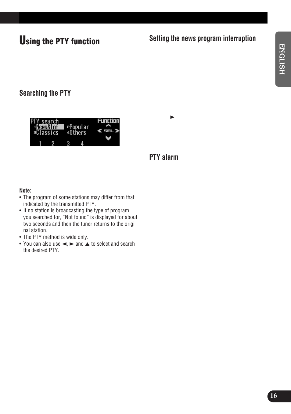 Sing the pty function, Searching the pty, Setting the news program interruption | Pty alarm | Pioneer DEH-P9300R User Manual | Page 17 / 112