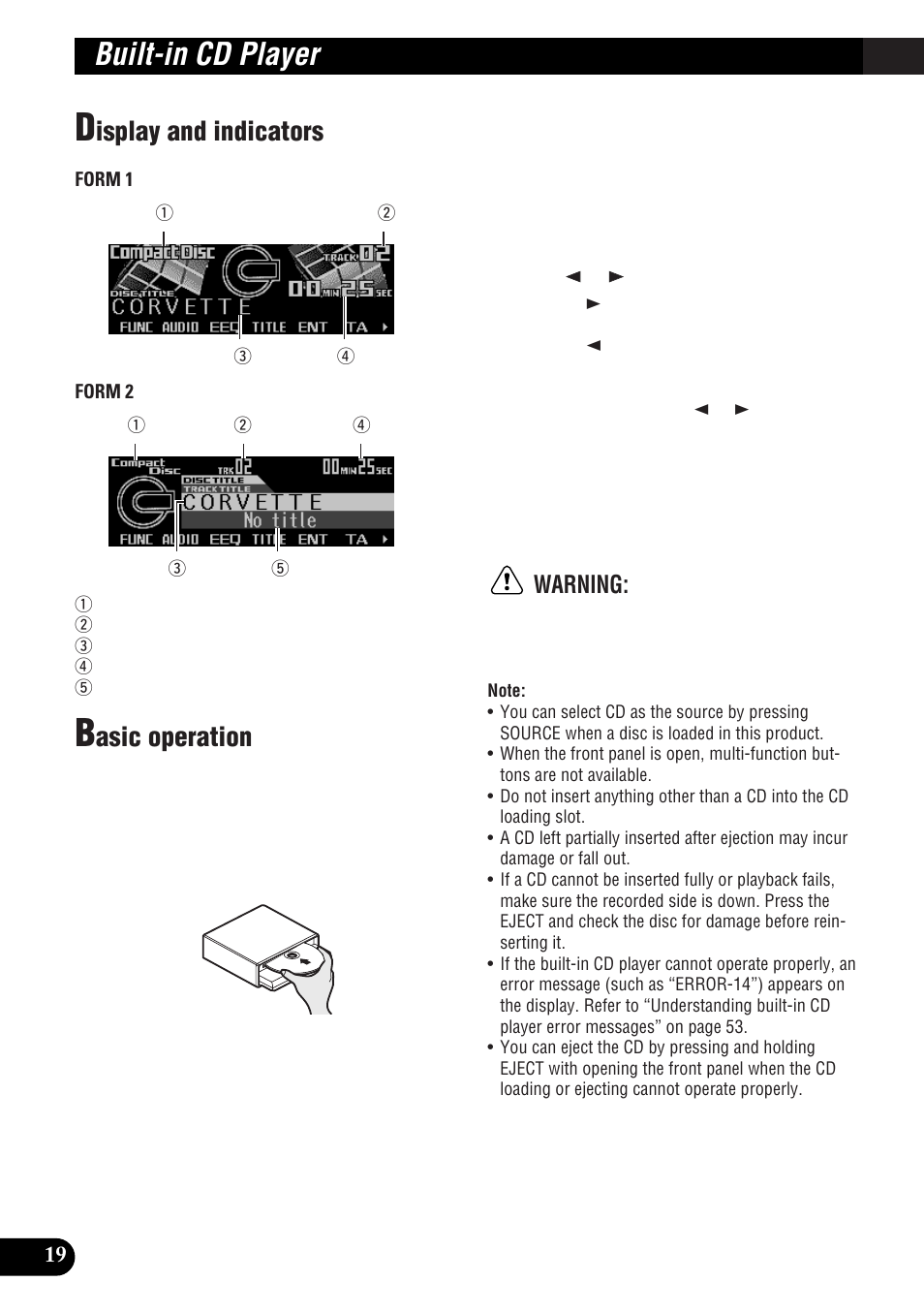 Built-in cd player, Isplay and indicators, Asic operation | Warning | Pioneer DEH-P9300R User Manual | Page 20 / 112