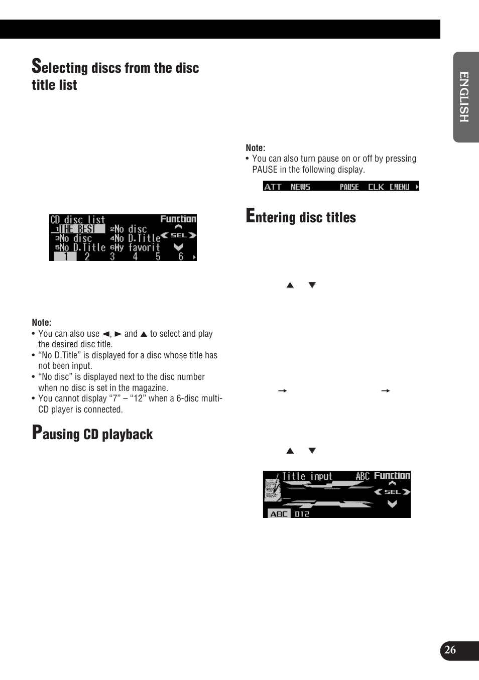 Electing discs from the disc title list, Ausing cd playback, Ntering disc titles | Pioneer DEH-P9300R User Manual | Page 27 / 112