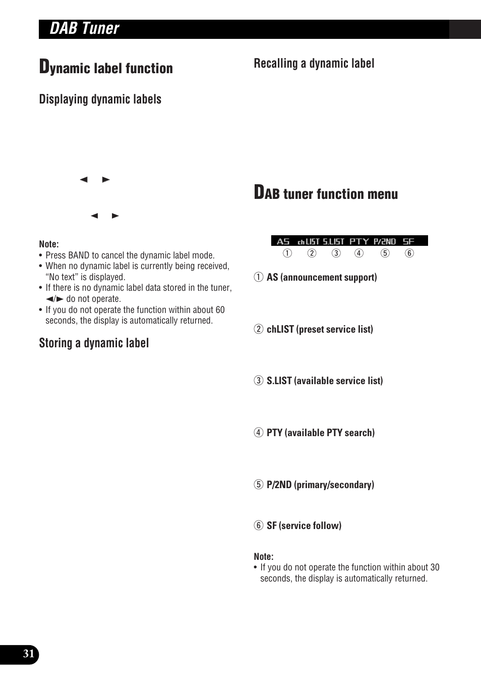 Interruption, Selecting services from the preset service, List | Selecting services from the available service, Searching the available pty, Dab tuner, Ynamic label function, Ab tuner function menu, Displaying dynamic labels, Storing a dynamic label | Pioneer DEH-P9300R User Manual | Page 32 / 112