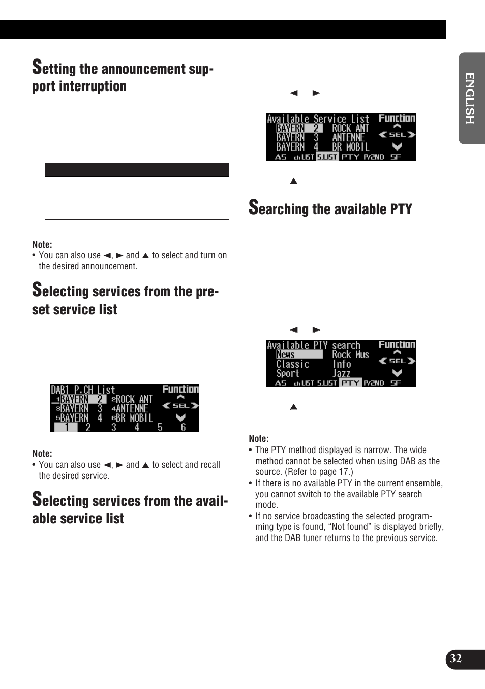 Etting the announcement sup- port interruption, Electing services from the pre- set service list, Earching the available pty | Pioneer DEH-P9300R User Manual | Page 33 / 112