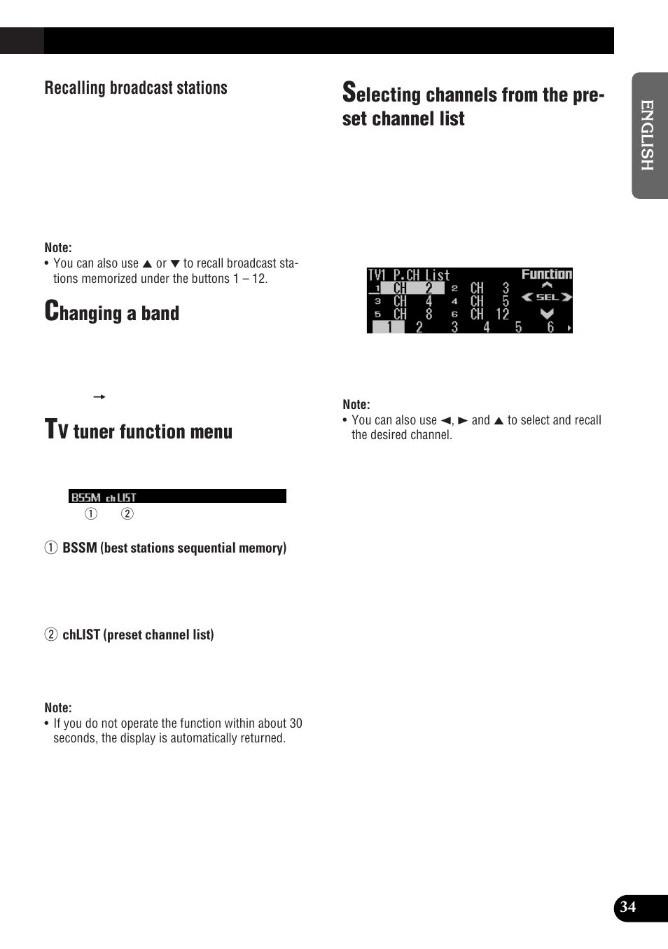 Hanging a band, V tuner function menu, Electing channels from the pre- set channel list | Recalling broadcast stations | Pioneer DEH-P9300R User Manual | Page 35 / 112