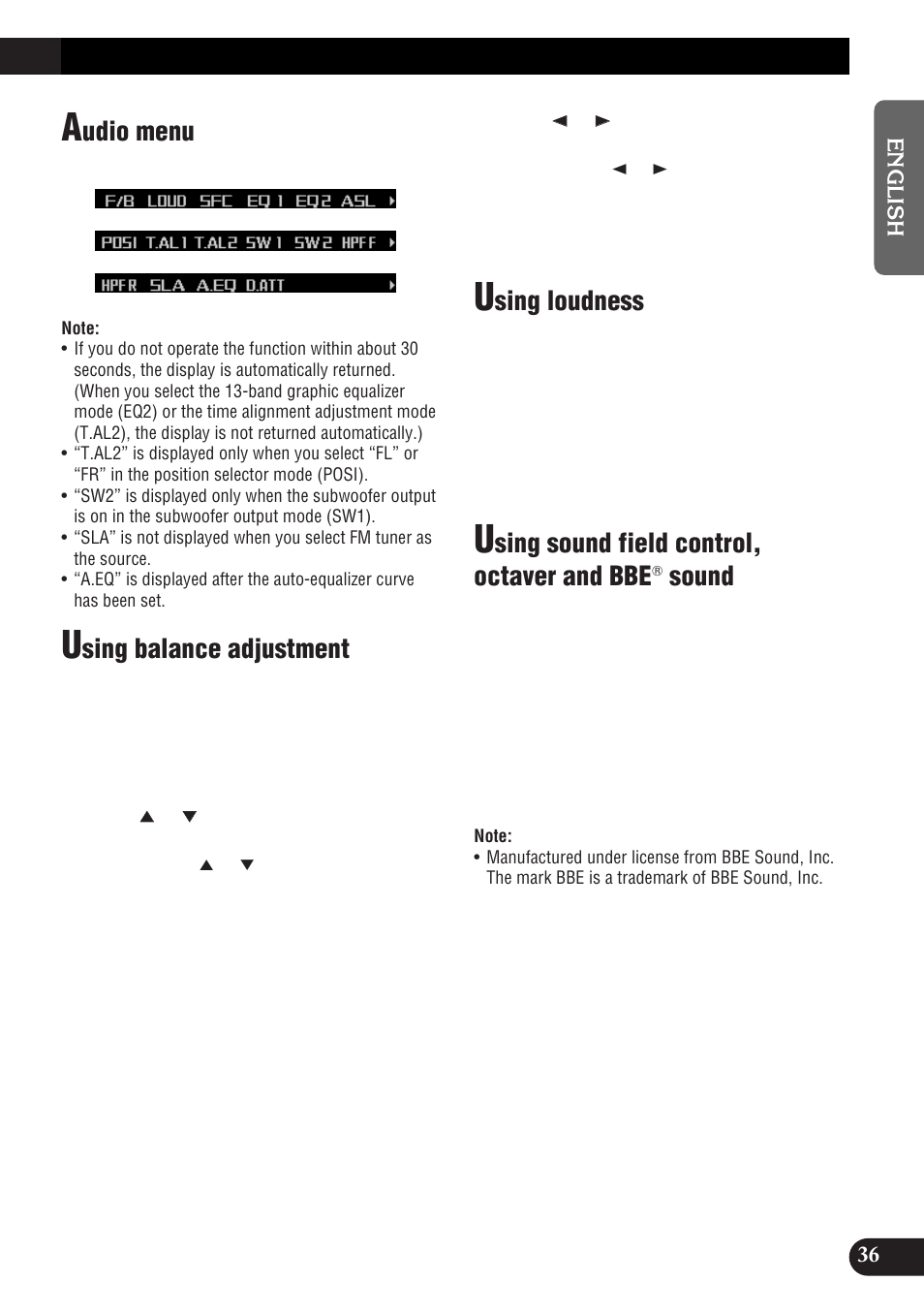 Udio menu, Sing balance adjustment, Sing loudness | Sing sound field control, octaver and bbe, Sound | Pioneer DEH-P9300R User Manual | Page 37 / 112