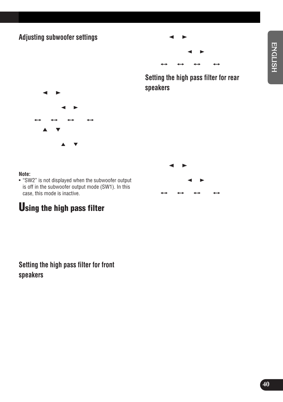 Sing the high pass filter, Adjusting subwoofer settings, Setting the high pass filter for front speakers | Setting the high pass filter for rear speakers | Pioneer DEH-P9300R User Manual | Page 41 / 112