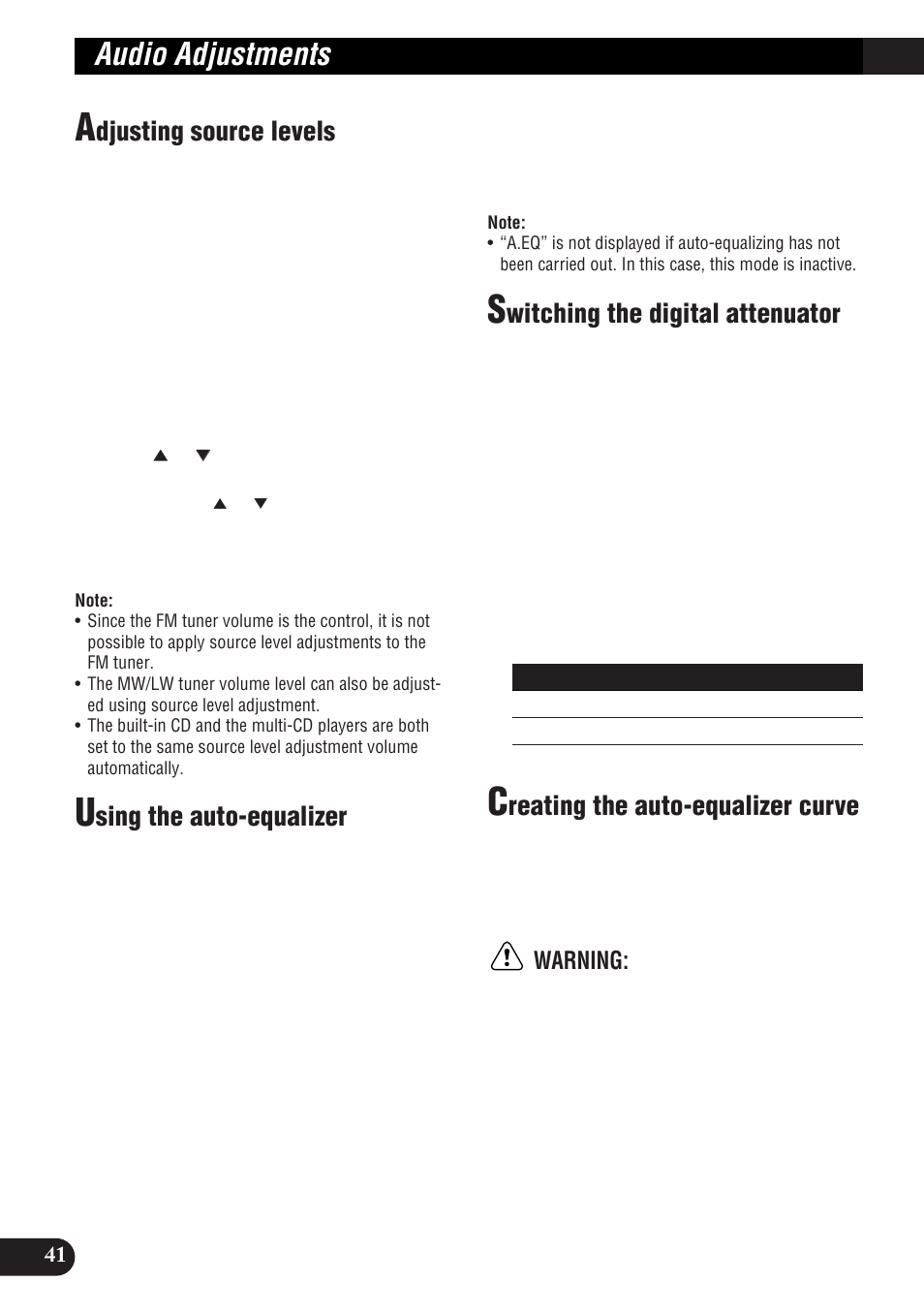 Audio adjustments, Djusting source levels, Sing the auto-equalizer | Witching the digital attenuator, Reating the auto-equalizer curve, Warning | Pioneer DEH-P9300R User Manual | Page 42 / 112