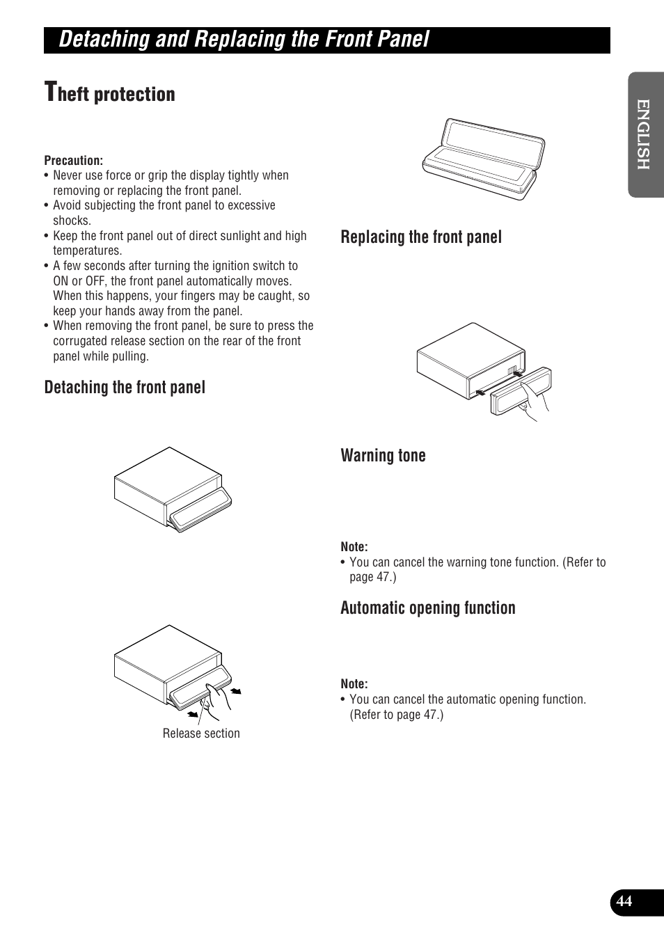 Detaching and replacing the front panel, Heft protection, Detaching the front panel | Replacing the front panel, Warning tone, Automatic opening function | Pioneer DEH-P9300R User Manual | Page 45 / 112