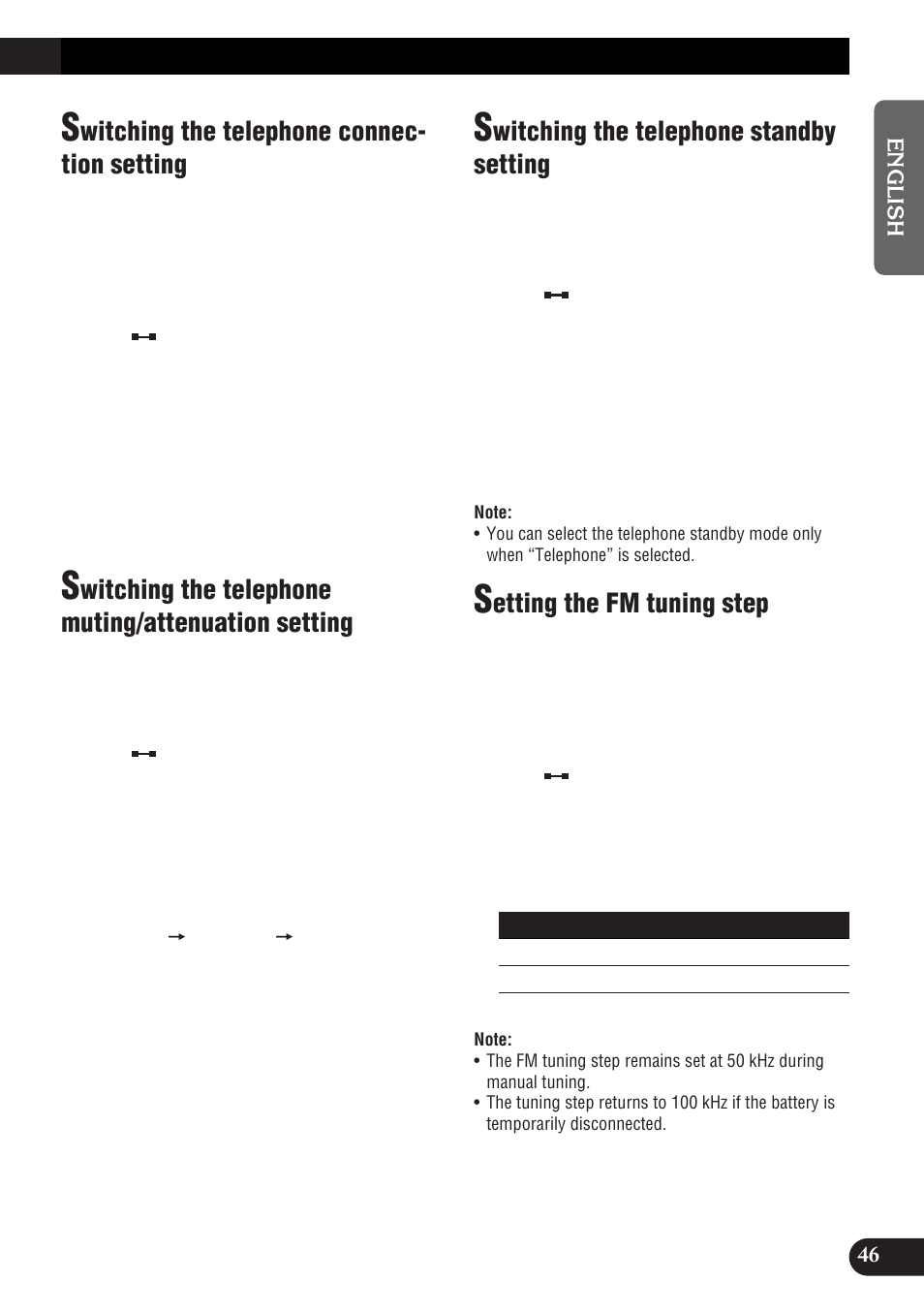Witching the telephone connec- tion setting, Witching the telephone muting/attenuation setting, Witching the telephone standby setting | Etting the fm tuning step | Pioneer DEH-P9300R User Manual | Page 47 / 112