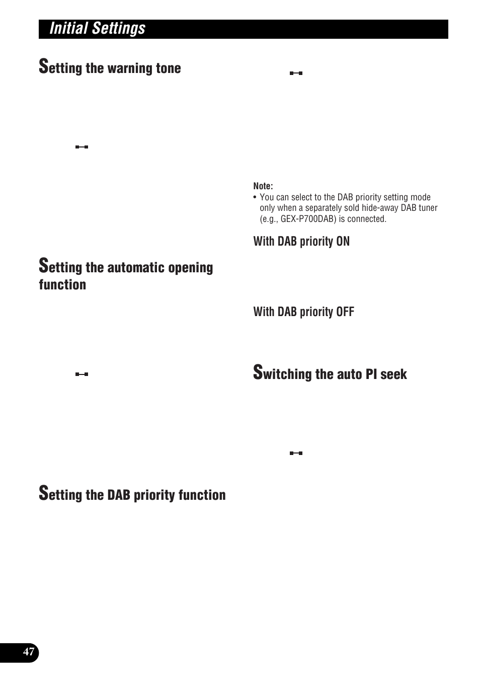 Other functions, Initial settings, Etting the warning tone | Etting the automatic opening function, Etting the dab priority function, Witching the auto pi seek, With dab priority on, With dab priority off | Pioneer DEH-P9300R User Manual | Page 48 / 112
