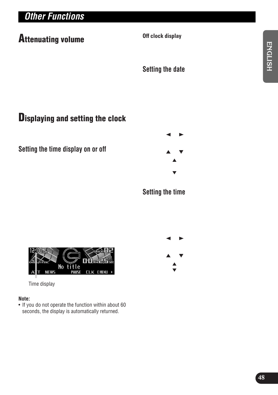 Other functions, Ttenuating volume, Isplaying and setting the clock | Setting the time display on or off, Setting the date, Setting the time | Pioneer DEH-P9300R User Manual | Page 49 / 112