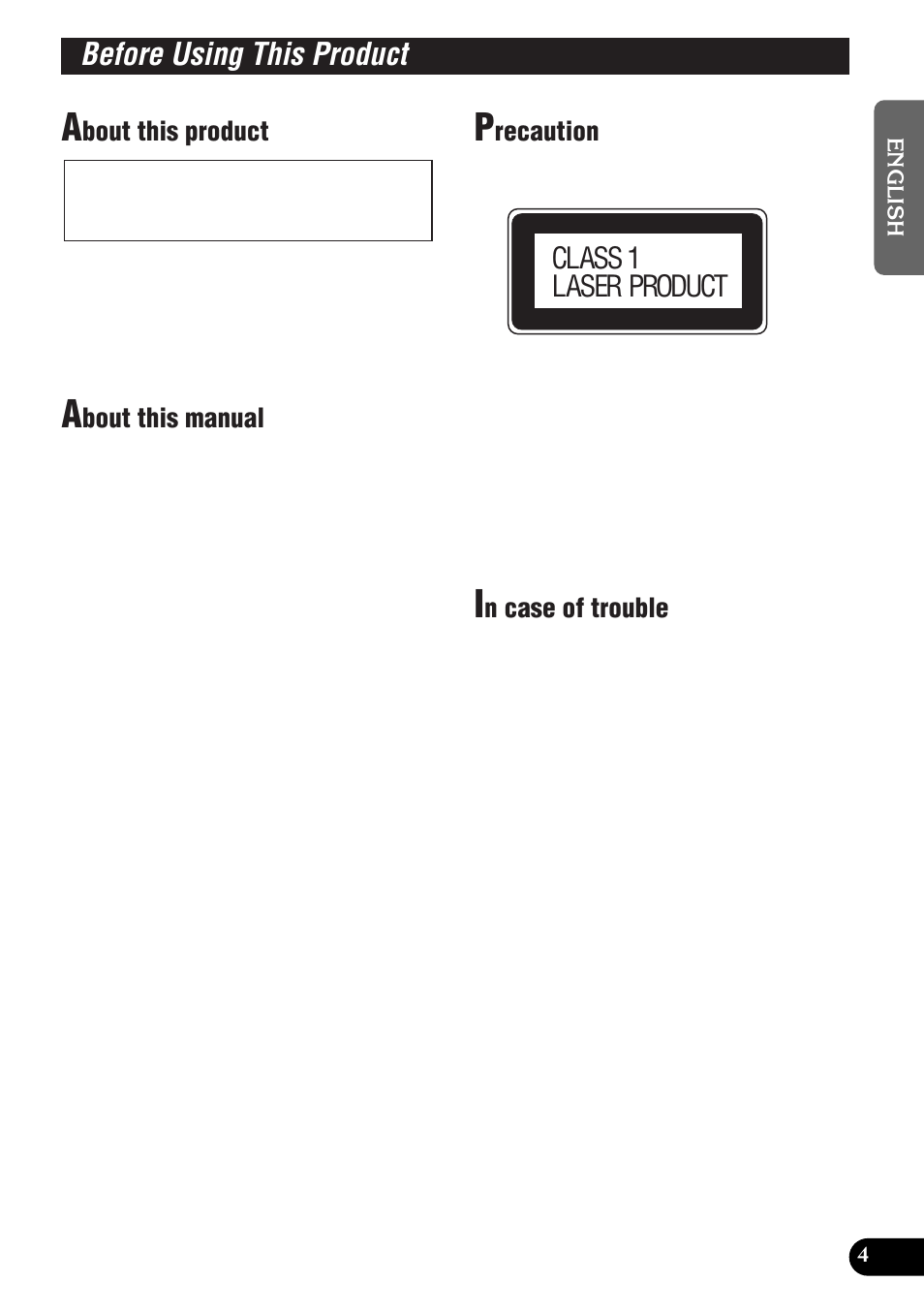 Before using this product, Class 1 laser product, Bout this product | Bout this manual, Recaution, N case of trouble | Pioneer DEH-P9300R User Manual | Page 5 / 112