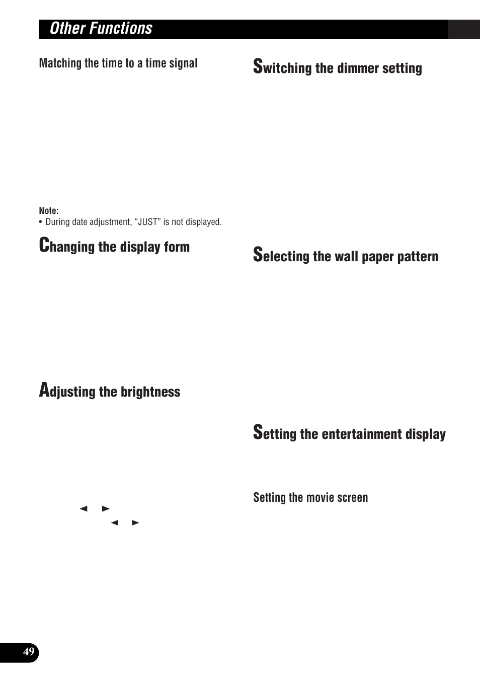 Other functions, Hanging the display form, Djusting the brightness | Witching the dimmer setting, Electing the wall paper pattern, Etting the entertainment display, Matching the time to a time signal, Setting the movie screen | Pioneer DEH-P9300R User Manual | Page 50 / 112