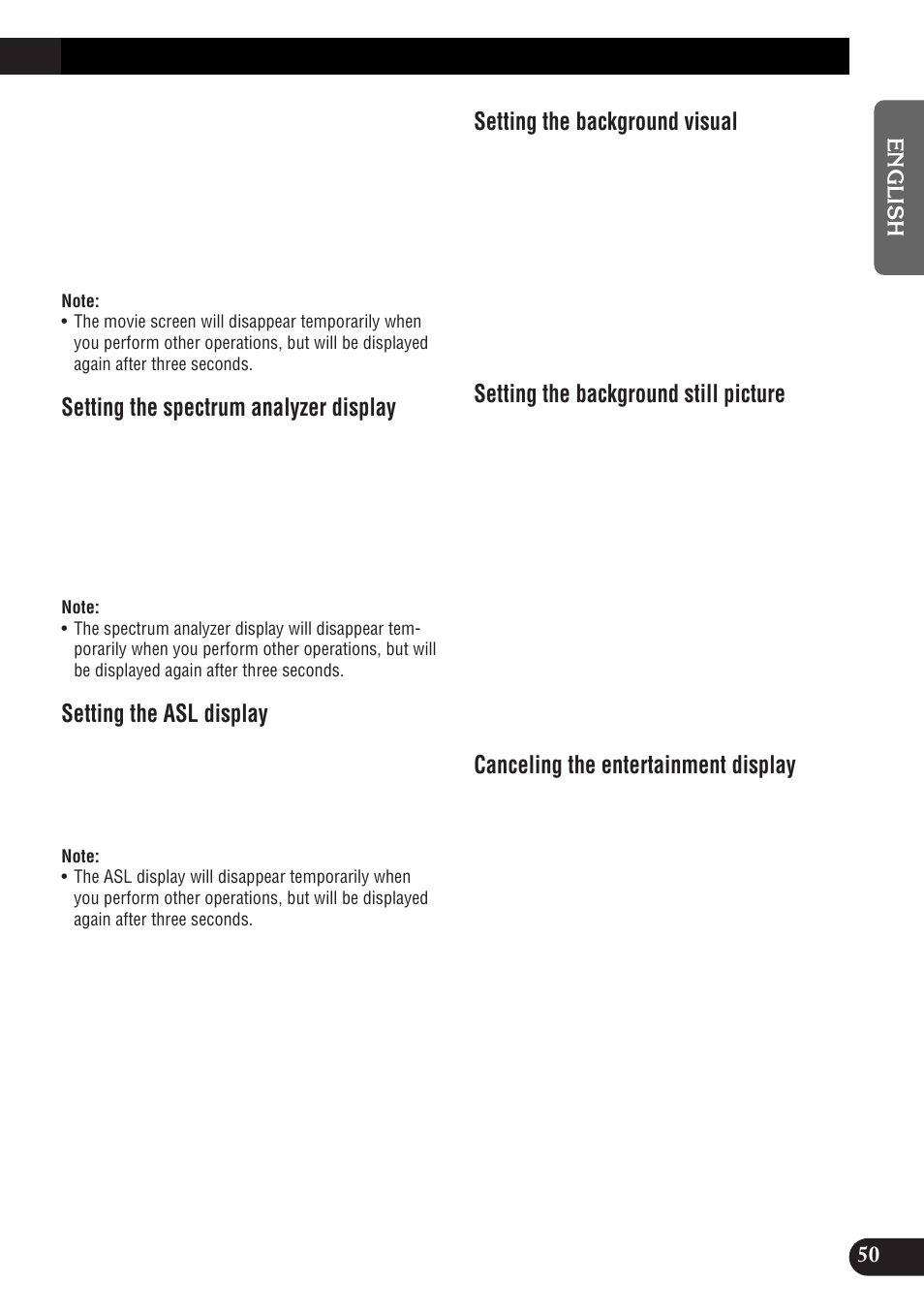 Setting the spectrum analyzer display, Setting the asl display, Setting the background visual | Setting the background still picture, Canceling the entertainment display | Pioneer DEH-P9300R User Manual | Page 51 / 112