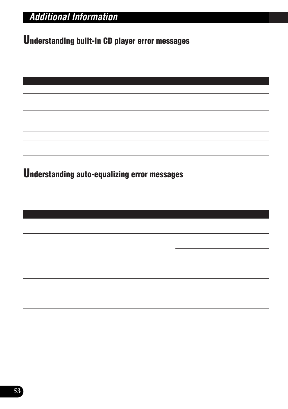 Understanding built-in cd player error, Messages, Understanding auto-equalizing error | Specifications, Additional information, Nderstanding built-in cd player error messages, Nderstanding auto-equalizing error messages | Pioneer DEH-P9300R User Manual | Page 54 / 112