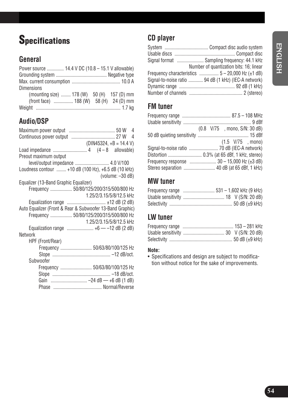 Pecifications, General, Audio/dsp | Cd player, Fm tuner, Mw tuner, Lw tuner | Pioneer DEH-P9300R User Manual | Page 55 / 112