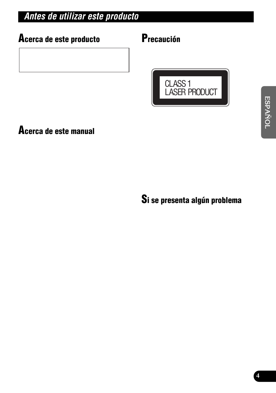 Antes de utilizar este producto, Class 1 laser product, Cerca de este producto | Cerca de este manual, Recaución, I se presenta algún problema | Pioneer DEH-P9300R User Manual | Page 59 / 112