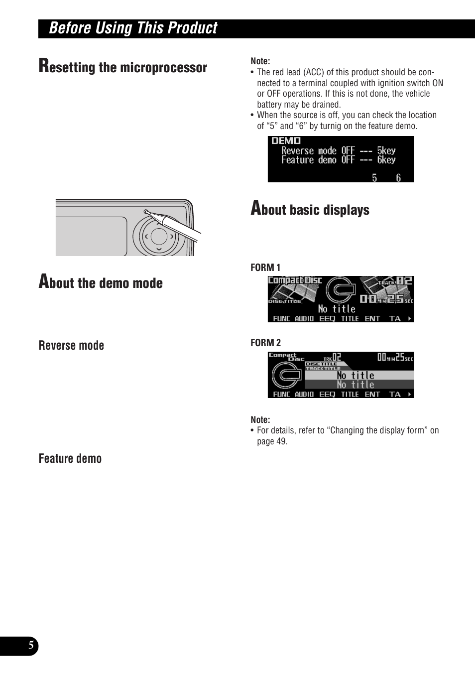 Before using this product, Esetting the microprocessor, Bout the demo mode | Bout basic displays | Pioneer DEH-P9300R User Manual | Page 6 / 112