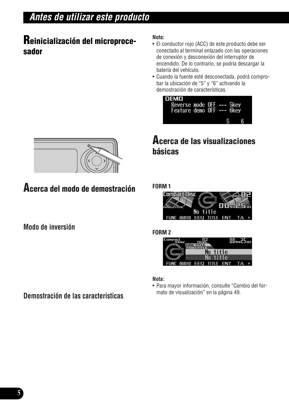 Antes de utilizar este producto, Einicialización del microproce- sador, Cerca del modo de demostración | Cerca de las visualizaciones básicas | Pioneer DEH-P9300R User Manual | Page 60 / 112