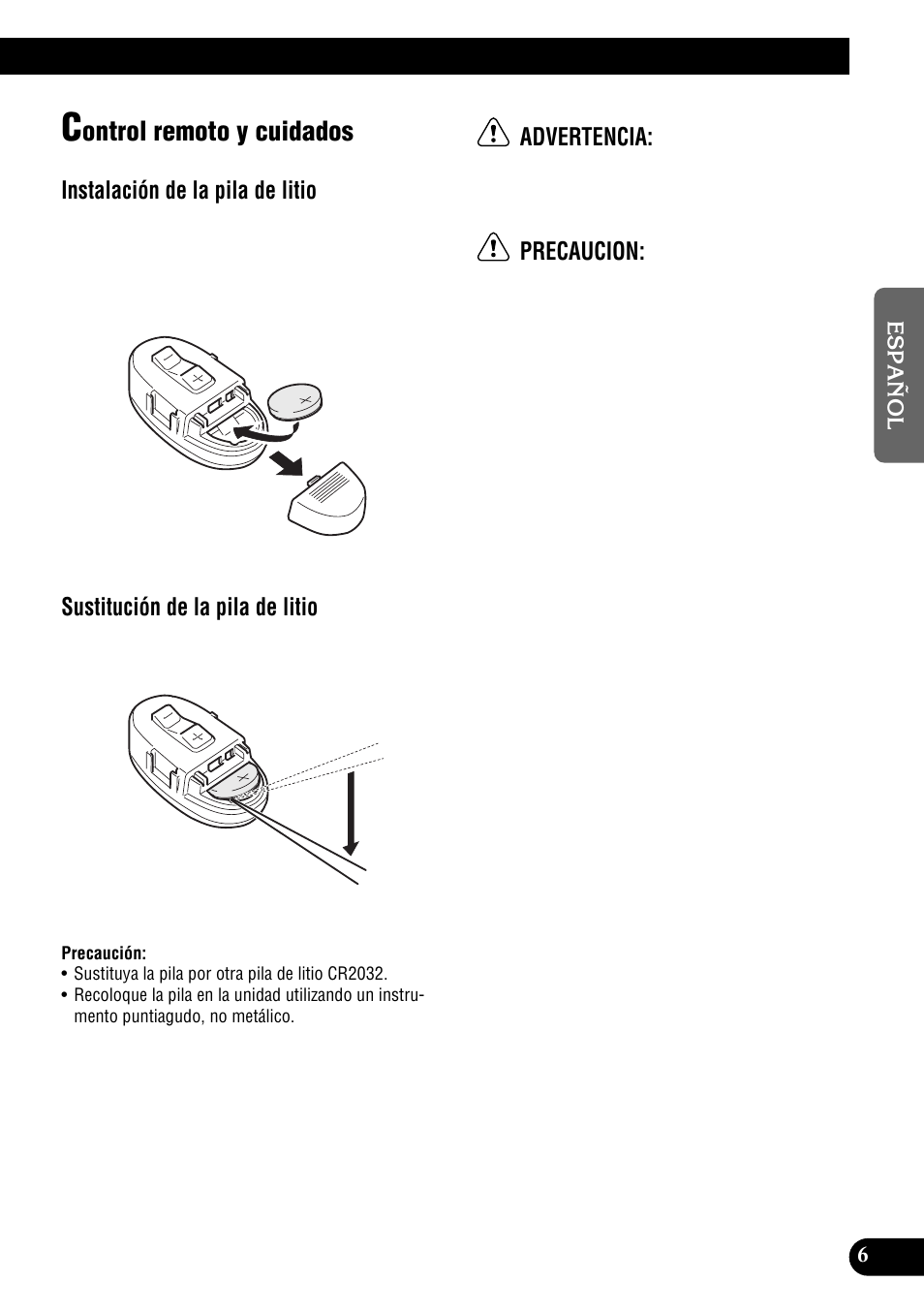 Ontrol remoto y cuidados, Instalación de la pila de litio, Sustitución de la pila de litio | Advertencia, Precaucion | Pioneer DEH-P9300R User Manual | Page 61 / 112