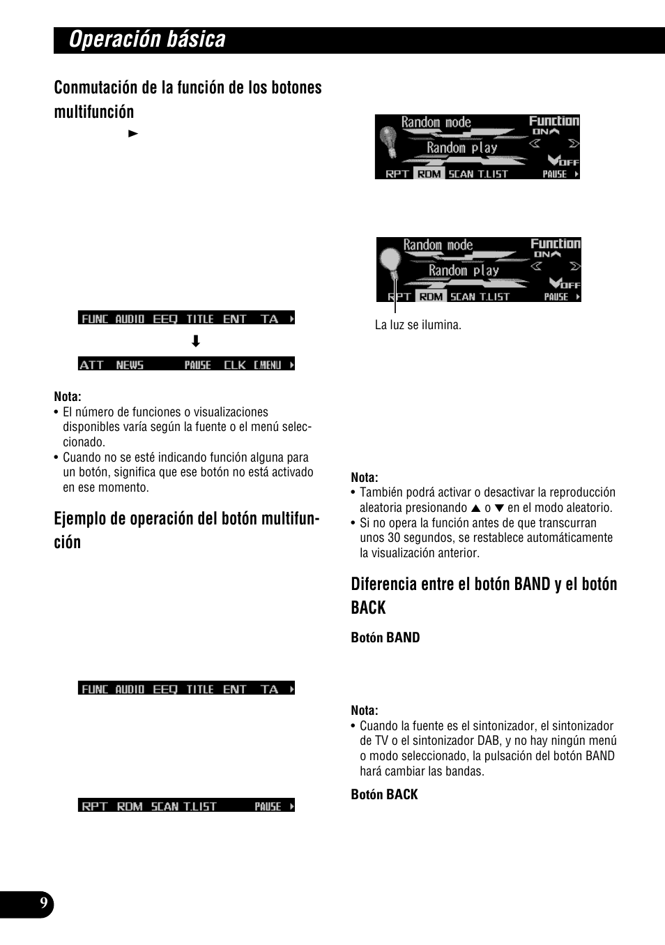 Indicador de guía de las teclas, Operación básica, Ejemplo de operación del botón multifun- ción | Diferencia entre el botón band y el botón back | Pioneer DEH-P9300R User Manual | Page 64 / 112