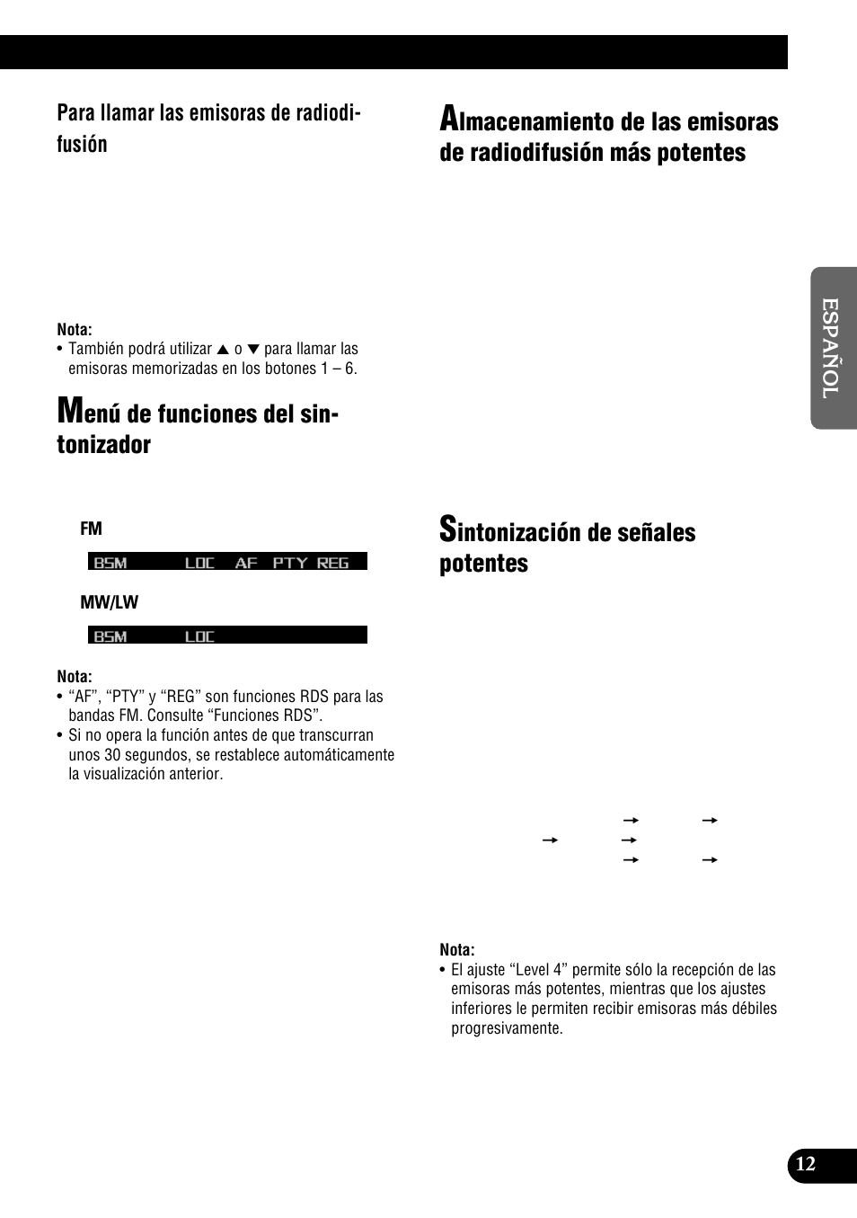 Enú de funciones del sin- tonizador, Intonización de señales potentes, Para llamar las emisoras de radiodi- fusión | Pioneer DEH-P9300R User Manual | Page 67 / 112