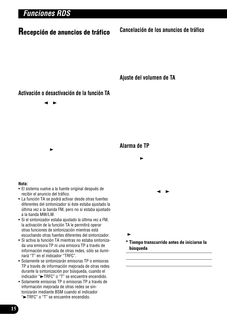Funciones rds, Ecepción de anuncios de tráfico, Activación o desactivación de la función ta | Cancelación de los anuncios de tráfico, Ajuste del volumen de ta, Alarma de tp | Pioneer DEH-P9300R User Manual | Page 70 / 112
