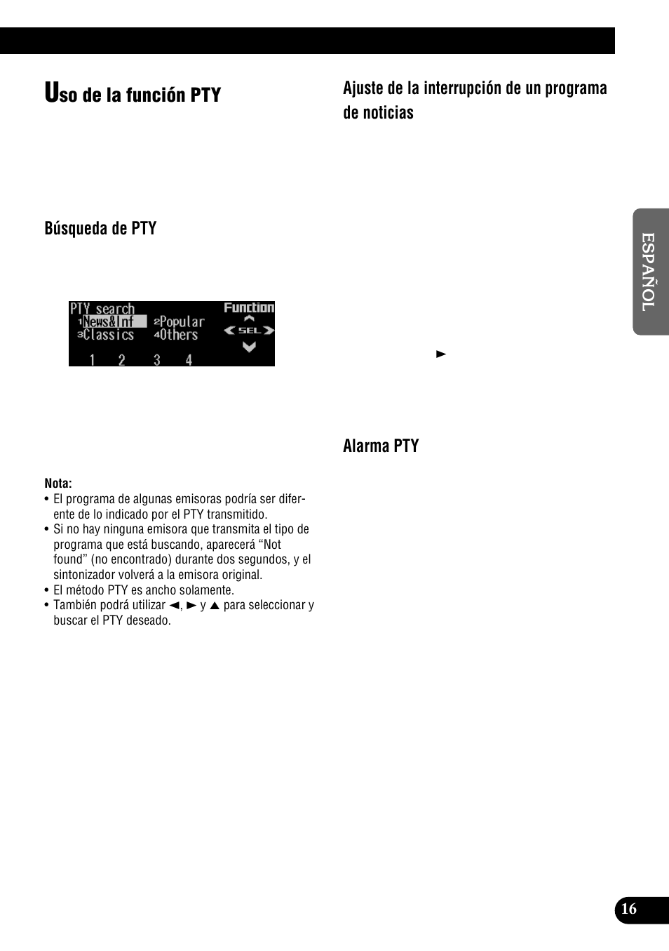 So de la función pty, Búsqueda de pty, Alarma pty | Pioneer DEH-P9300R User Manual | Page 71 / 112