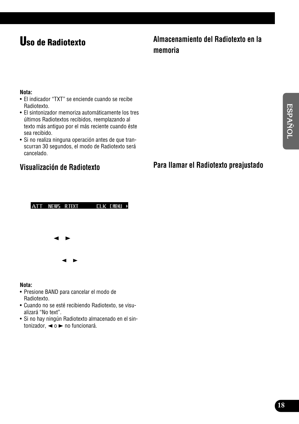 So de radiotexto, Visualización de radiotexto, Para llamar el radiotexto preajustado | Pioneer DEH-P9300R User Manual | Page 73 / 112