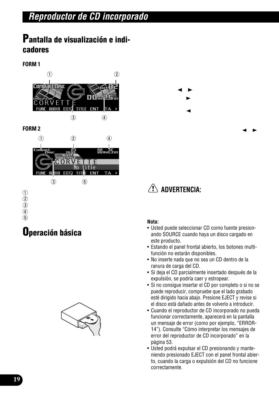 Reproductor de cd incorporado, Incorporado, Reproducción de repetición | Antalla de visualización e indi- cadores, Peración básica, Advertencia | Pioneer DEH-P9300R User Manual | Page 74 / 112
