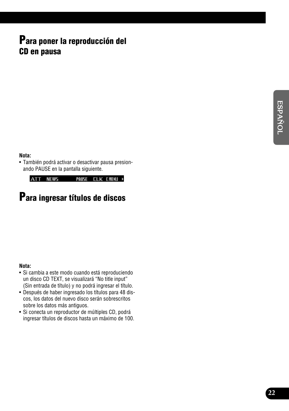 Ara poner la reproducción del cd en pausa, Ara ingresar títulos de discos | Pioneer DEH-P9300R User Manual | Page 77 / 112