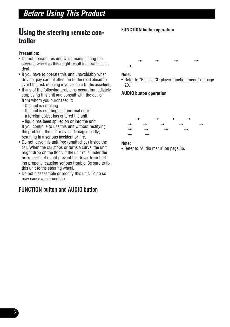 Using the steering remote controller, Basic operation, Turning a source on or off soft key operation | Before using this product, Sing the steering remote con- troller, Function button and audio button | Pioneer DEH-P9300R User Manual | Page 8 / 112