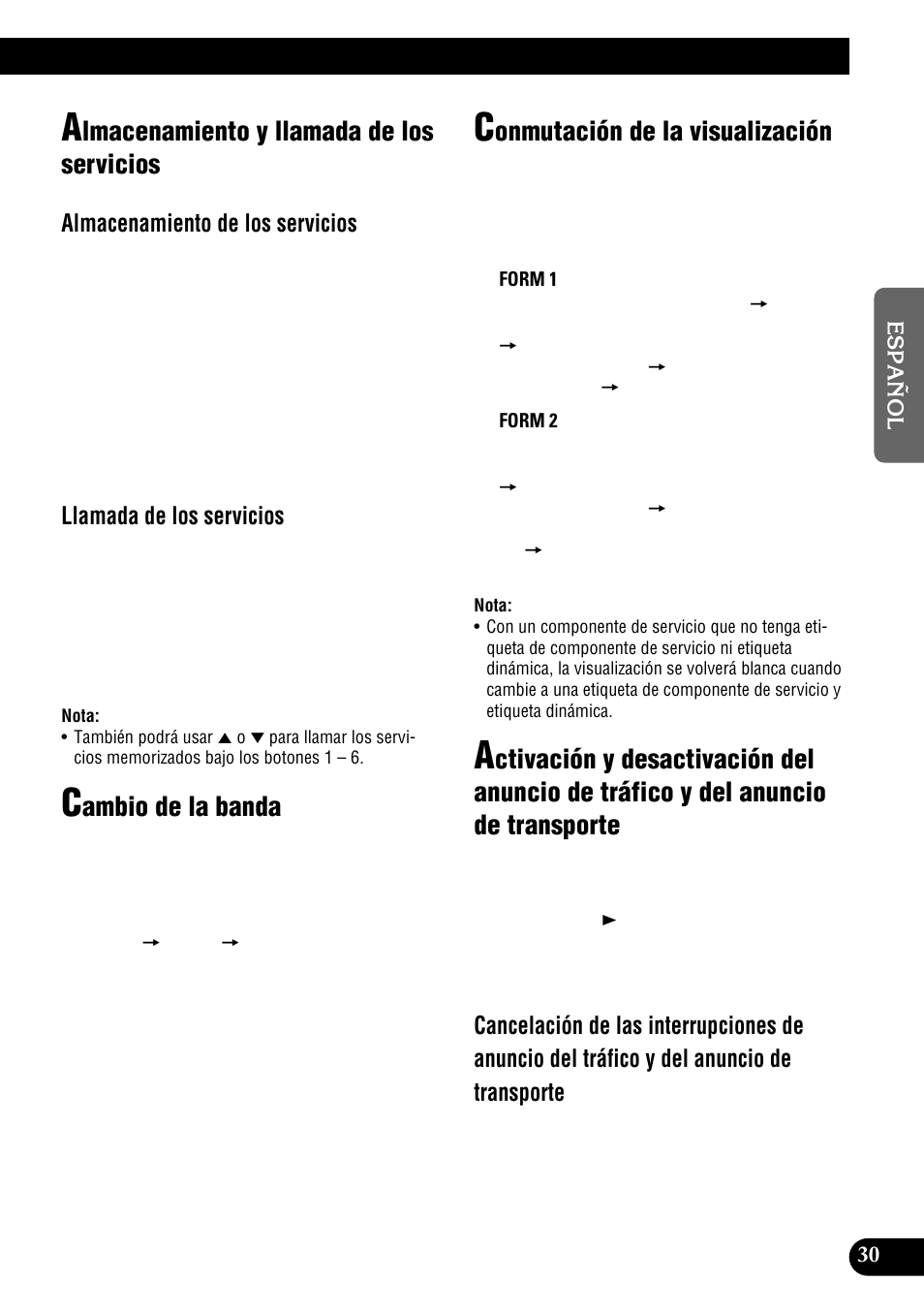 Lmacenamiento y llamada de los servicios, Ambio de la banda, Onmutación de la visualización | Almacenamiento de los servicios, Llamada de los servicios | Pioneer DEH-P9300R User Manual | Page 85 / 112