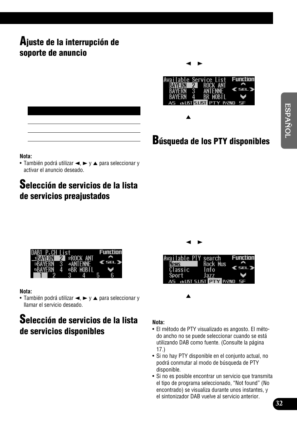 Juste de la interrupción de soporte de anuncio, Úsqueda de los pty disponibles | Pioneer DEH-P9300R User Manual | Page 87 / 112