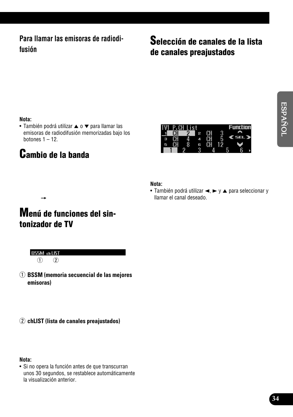 Ambio de la banda, Enú de funciones del sin- tonizador de tv, Para llamar las emisoras de radiodi- fusión | Pioneer DEH-P9300R User Manual | Page 89 / 112