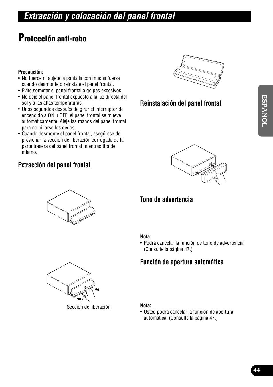 Extracción y colocación del panel frontal, Rotección anti-robo, Extracción del panel frontal | Reinstalación del panel frontal, Tono de advertencia, Función de apertura automática | Pioneer DEH-P9300R User Manual | Page 99 / 112