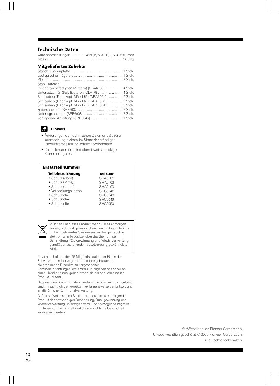Technische daten | Pioneer CP-7EX User Manual | Page 10 / 40